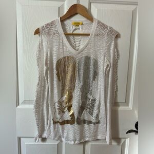 White Long Sleeve Top with Gold and Silver Design